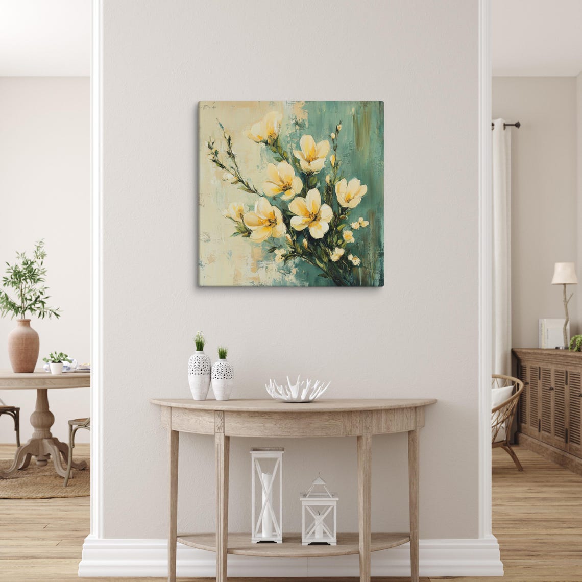 Cream Freesia Flowers Teal Green Background Floral Art Poster - Image 5