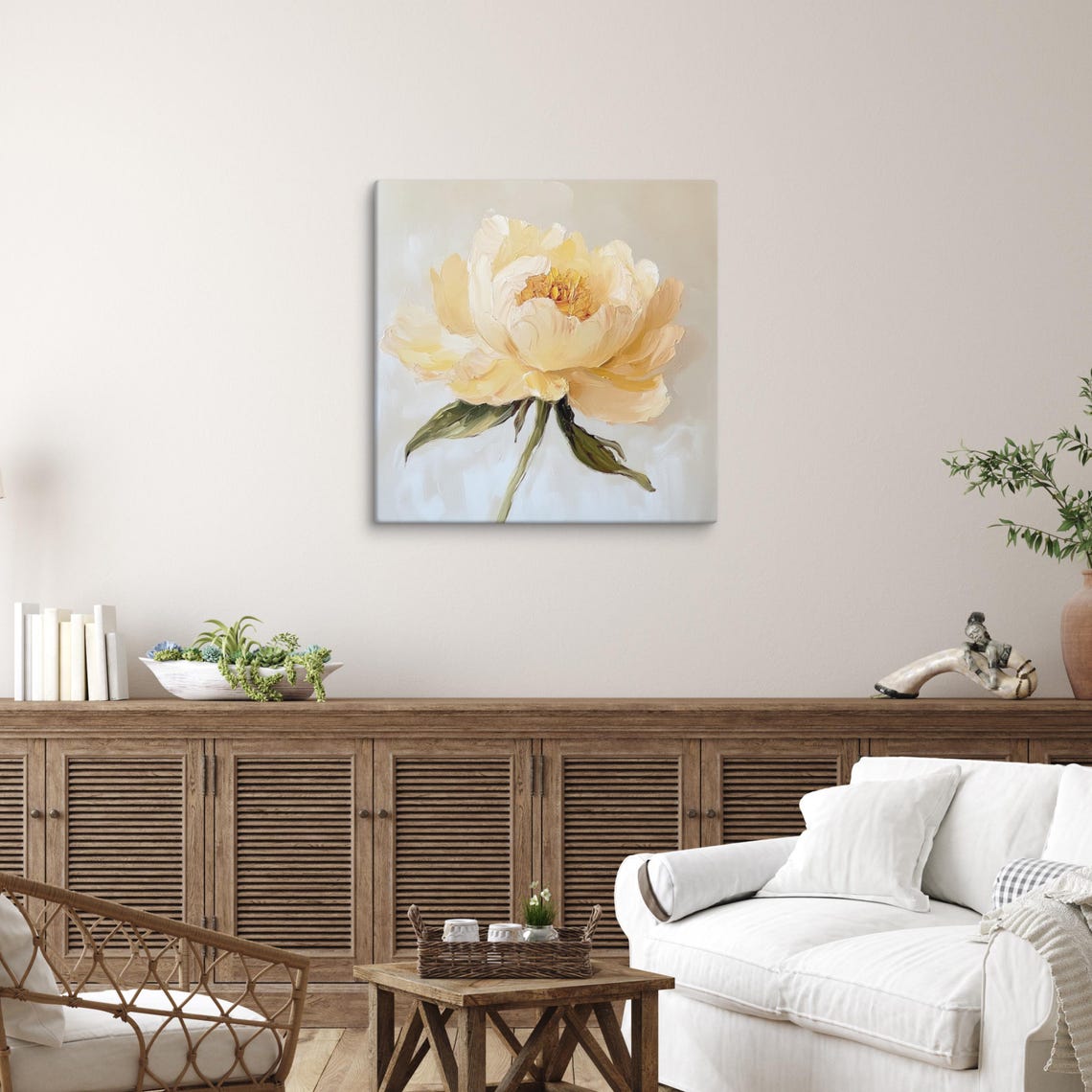 Pale Yellow Peony Soft Cream Background Elegant Floral Art Poster - Image 3