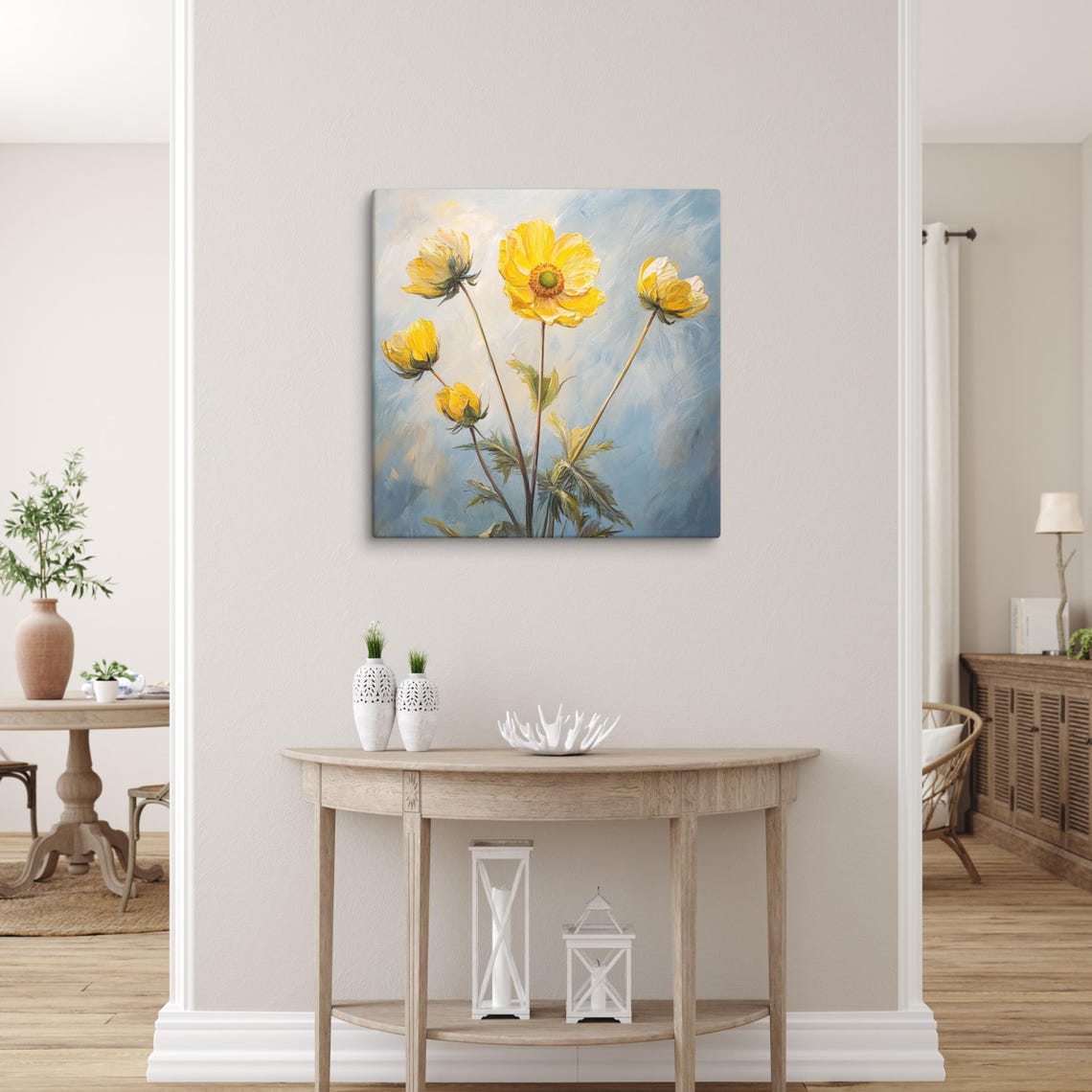 Yellow Globeflowers Tall Stems Blue Sky Floral Painting Print - Image 4