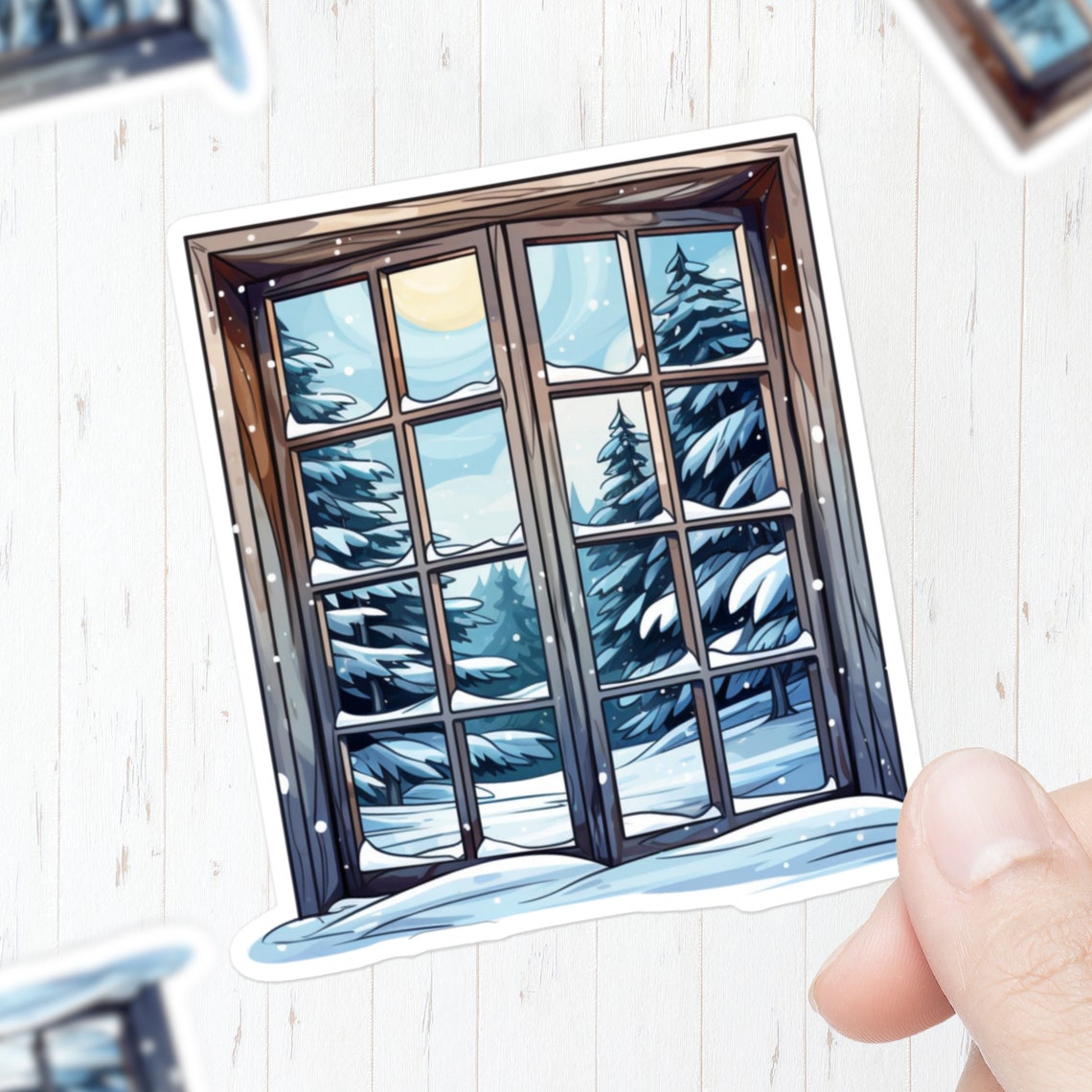 Winter Window Sticker Snowy Pine Forest View Cabin Decal Art Sticker