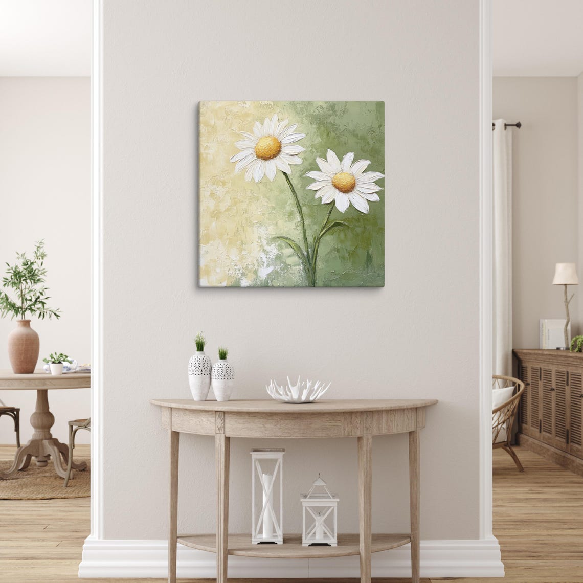 White Daisies Yellow Centers Textured Sage Green Floral Poster - Image 4