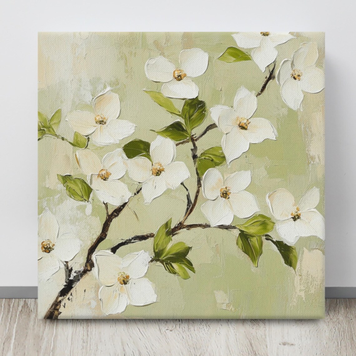White Dogwood Blossoms Branch Sage Green Floral Painting Print - Image 4