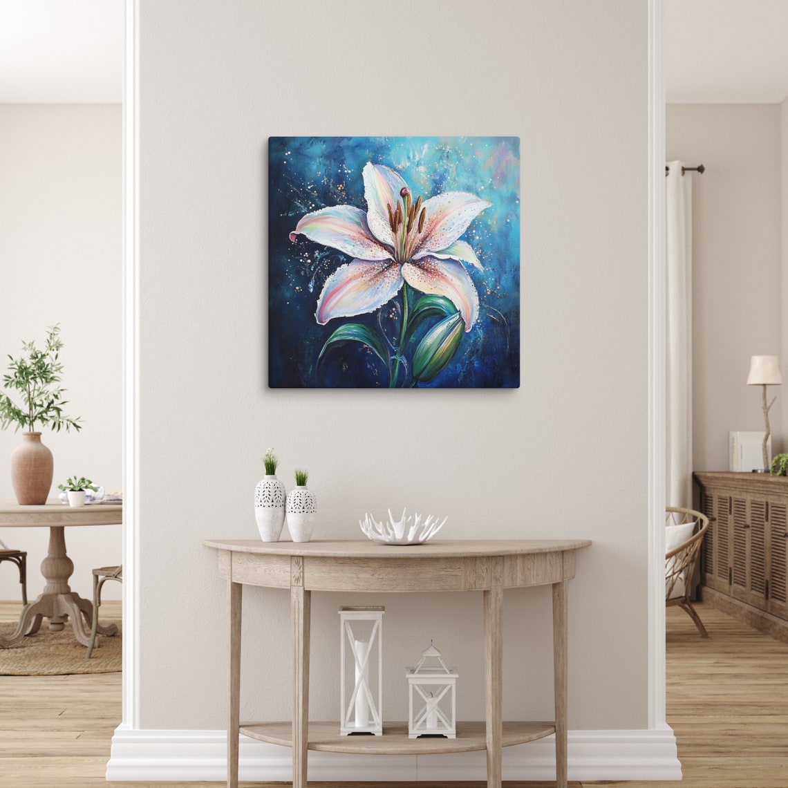 White Lily Bloom Iridescent Petals On Deep Blue Print Poster - Image 5