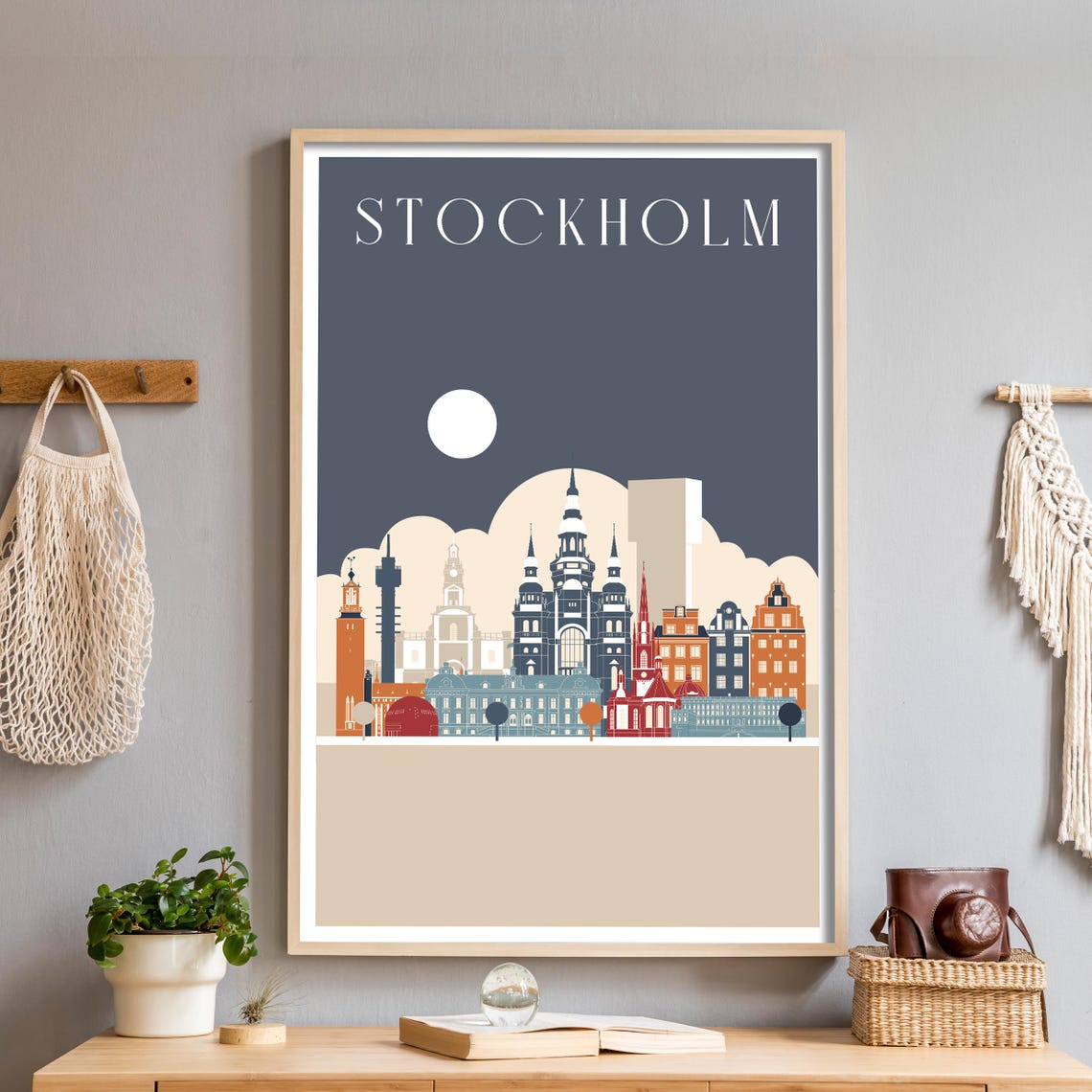 Stockholm Slate Blue Night Skyline Flat Illustration City Poster