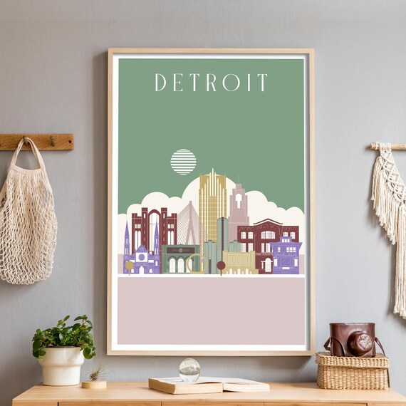 Detroit Michigan Skyline Illustration Poster in Sage Green Tones