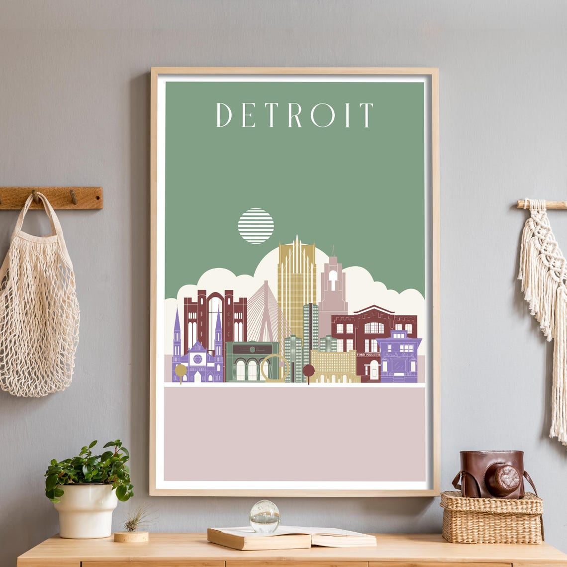 Detroit Michigan Skyline Illustration Poster in Sage Green Tones