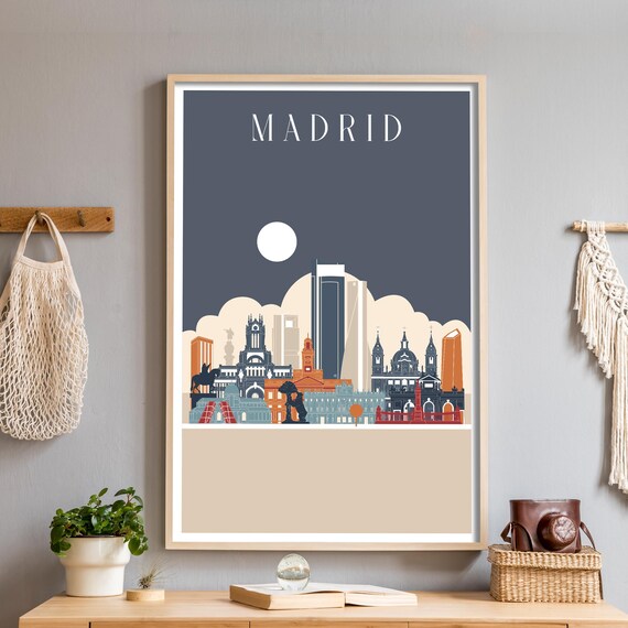 Madrid Spain Moonlit Night Skyline Illustration Travel Poster