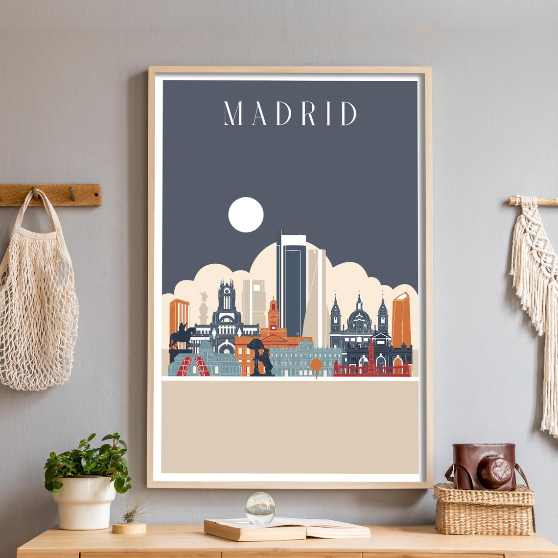 Madrid Spain Moonlit Night Skyline Illustration Travel Poster