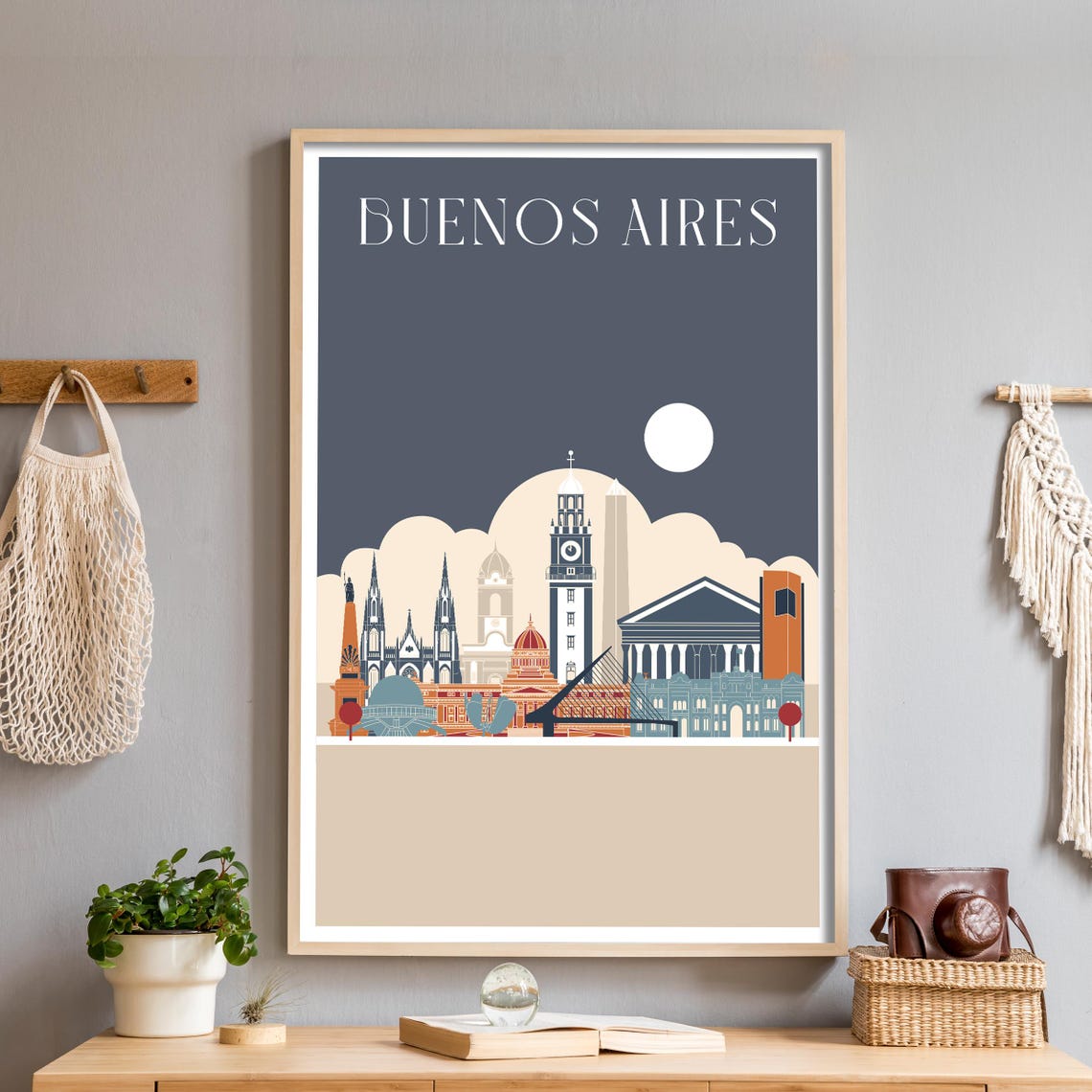Buenos Aires Argentina Night Skyline Travel Poster with Moon Bridge