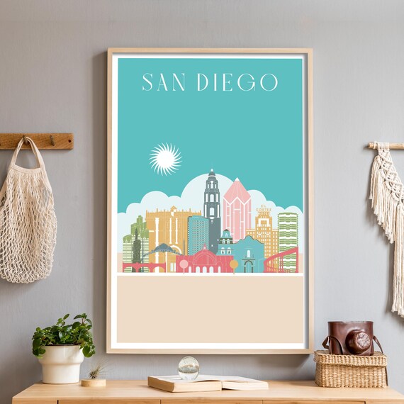 San Diego California Colorful Illustrated Skyline Travel Poster