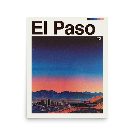 El Paso Texas Desert Sunset Classic Car Mountain Cityscape Poster