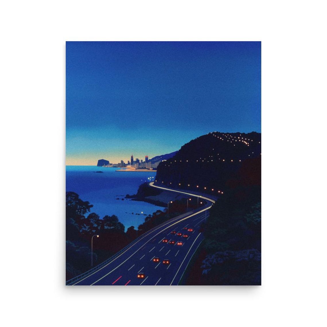 The Night Drive Coastal Highway City Lights Moody Night Wall Art