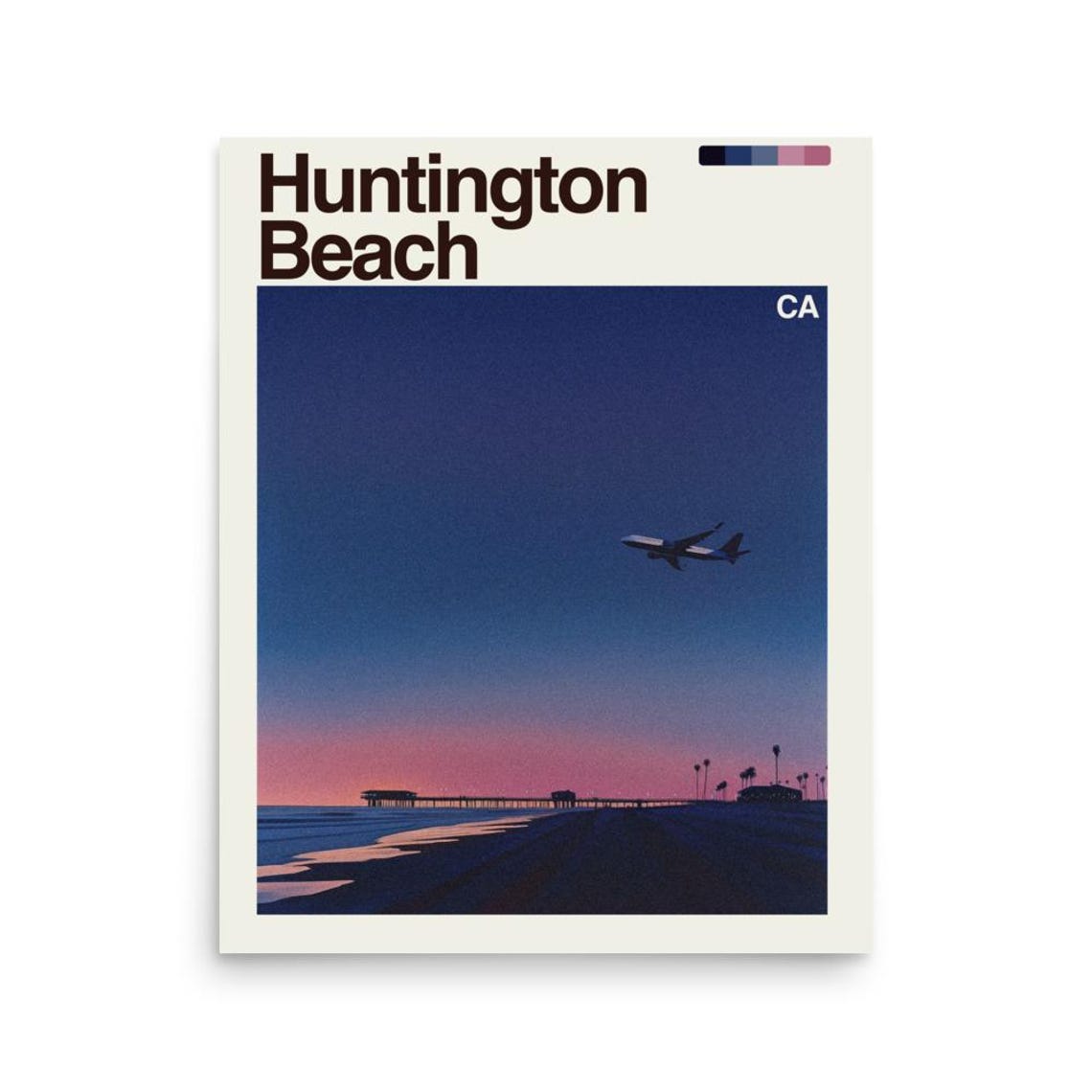 Huntington Beach California Pier Sunset Airplane Night Sky Poster