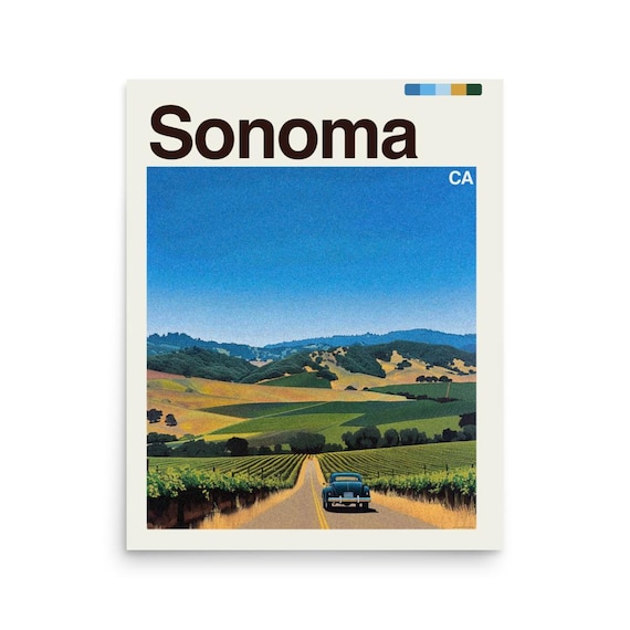 Sonoma California Vineyard Road Classic Car Wine Country Travel Poster