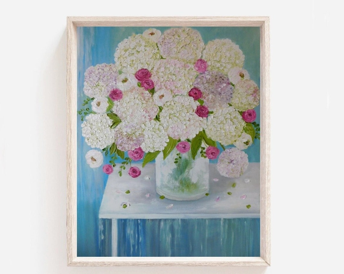 White Hydrangea and Pink Rose Bouquet Painting on Blue Art Poster