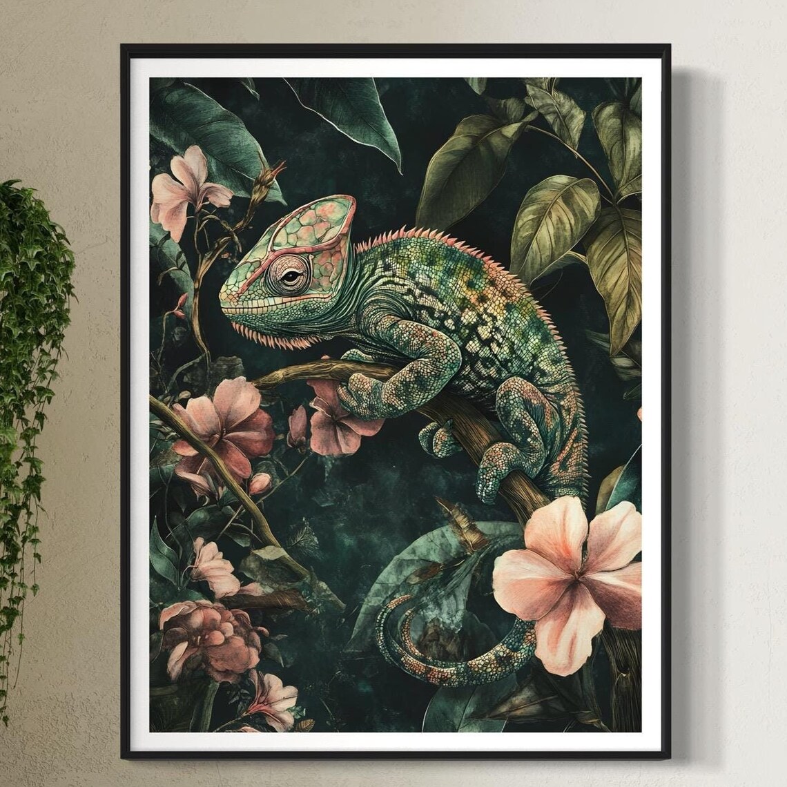 Chameleon Tropical Jungle Branch Pink Floral Vintage Wildlife Poster
