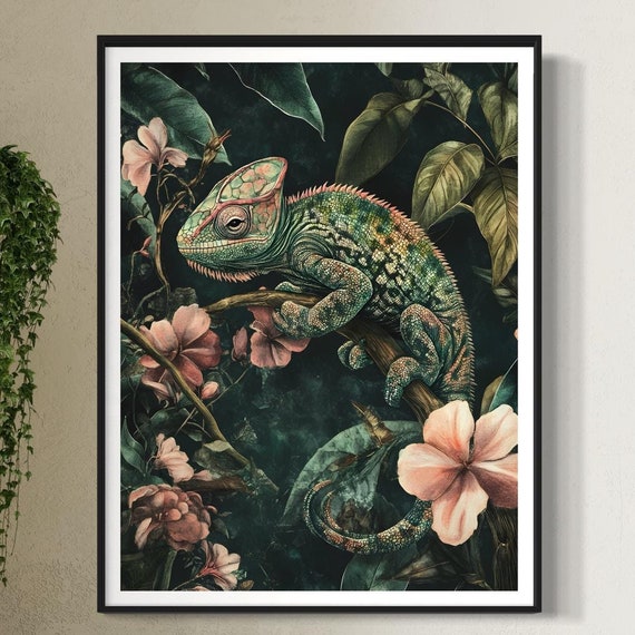 Chameleon Art Print Vintage Modern Style Tropical Flowers Painting Jungle Artwork Wildlife Nature Inspired Decor Lizard Lovers Gift For Home