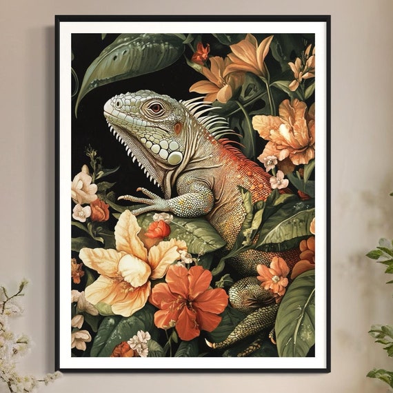 Iguana Art Print Jungle Tropical Leaves Artwork Wildlife Decor Vintage Modern Style Exotic Lizard Painting Reptile Lovers Gift For Home