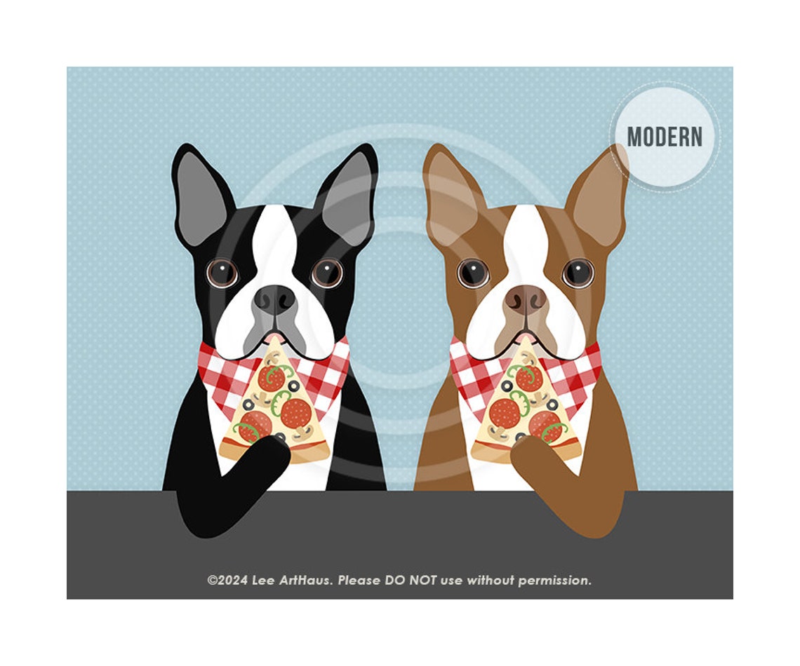 Two Boston Terriers Eating Pizza With Checkered Bibs Dog Art Poster - Image 6