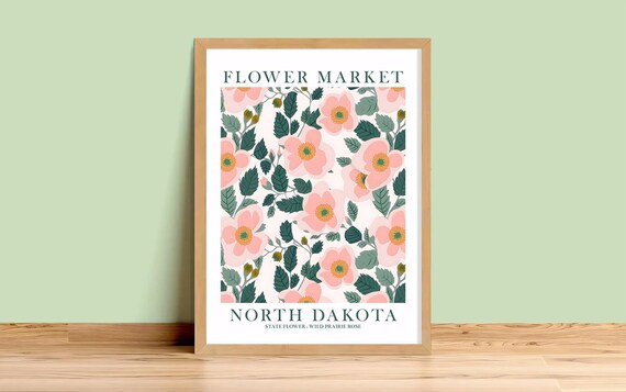 North Dakota Wild Prairie Rose Flower Market Botanical Wall Decor Poster