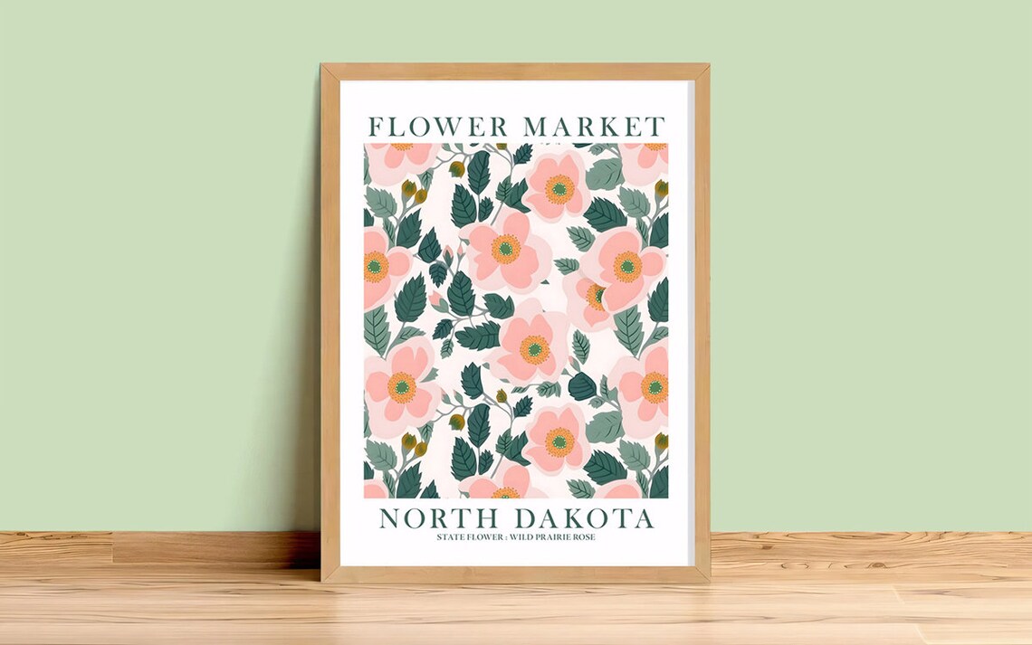 North Dakota Wild Prairie Rose Flower Market Botanical Wall Decor Poster