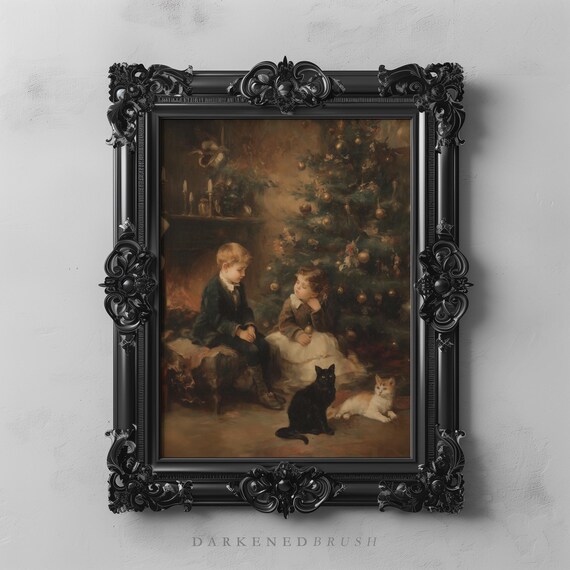 Victorian Children by Christmas Tree with Two Cats Gothic Poster
