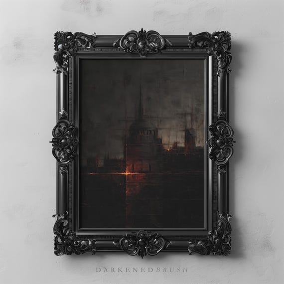 Burning Cathedral Wall Art Dark Gothic Landscape Abstract Goth Interior Decor Medieval Textured
