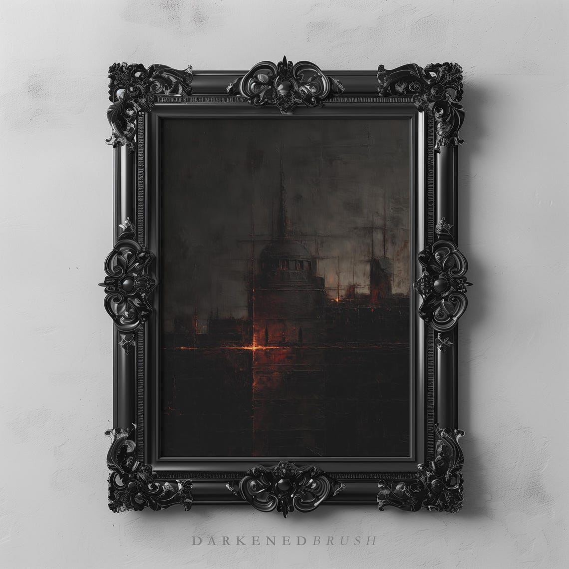 Burning Cathedral Ember Glow Dark Abstract Gothic Landscape Poster