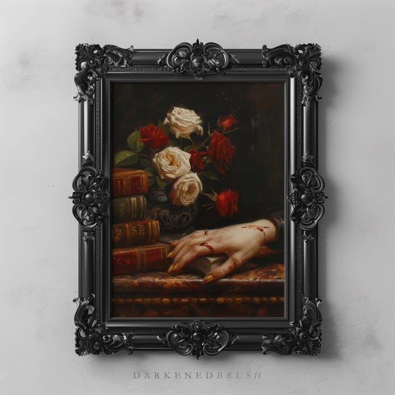 Hand With Roses And Vintage Books Gothic Beauty Baroque Oil Painting Print Victorian Portrait Dark Academia Art Antique Eclectic Wall Decor