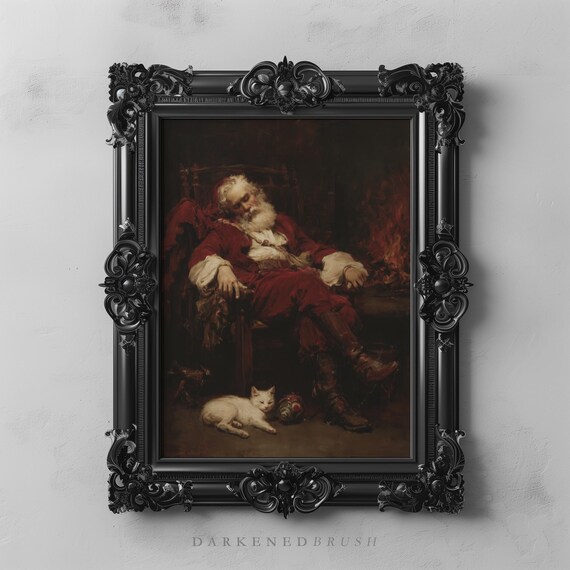 Sleeping Santa Claus By The Fire White Cat Vintage Christmas Art Poster