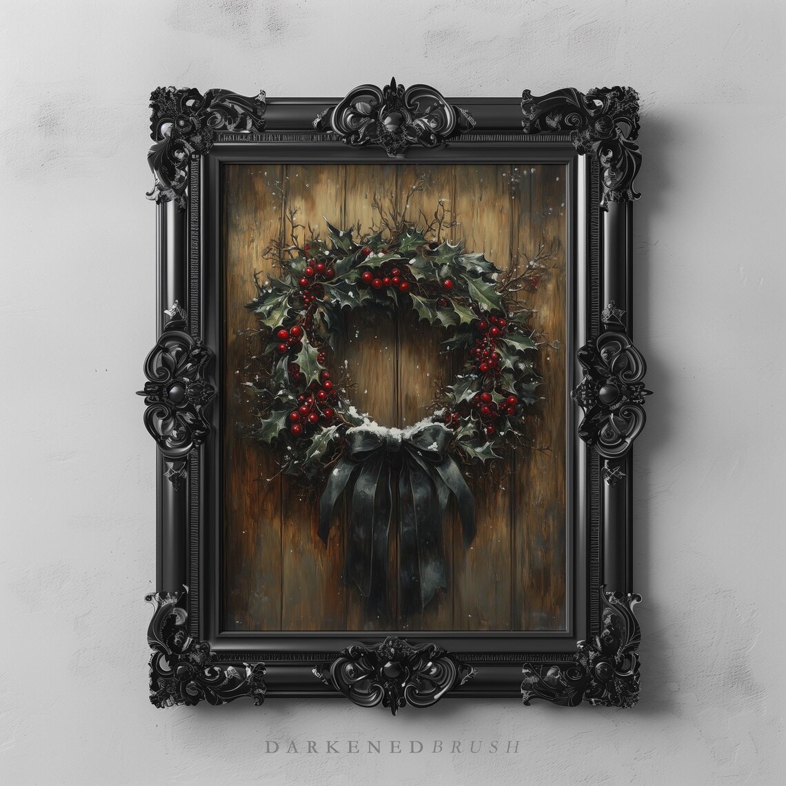 Dark Gothic Holly Wreath Black Bow Moody Christmas Winter Print