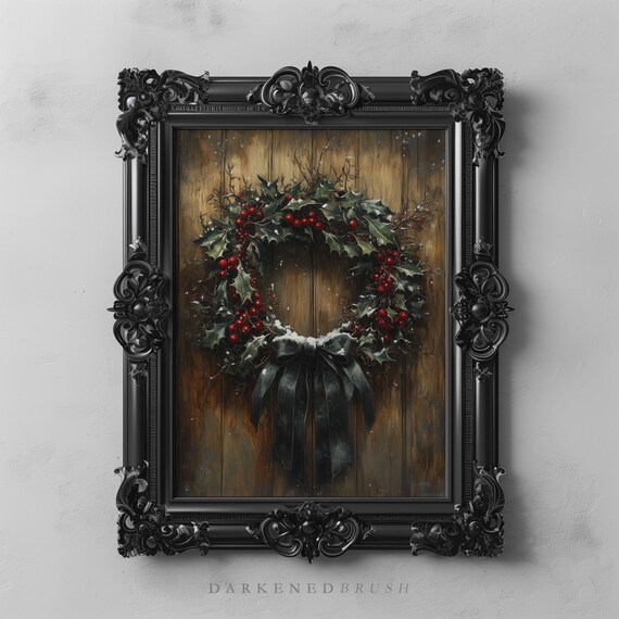 Dark Gothic Holly Wreath Black Bow Moody Christmas Winter Print