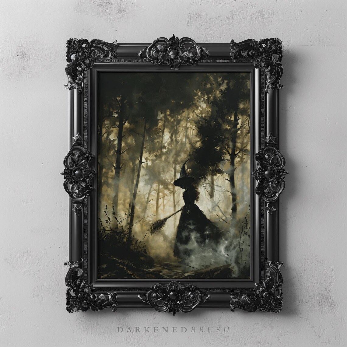 Solitary Witch Foggy Forest Broomstick Dark Academia Painting Poster