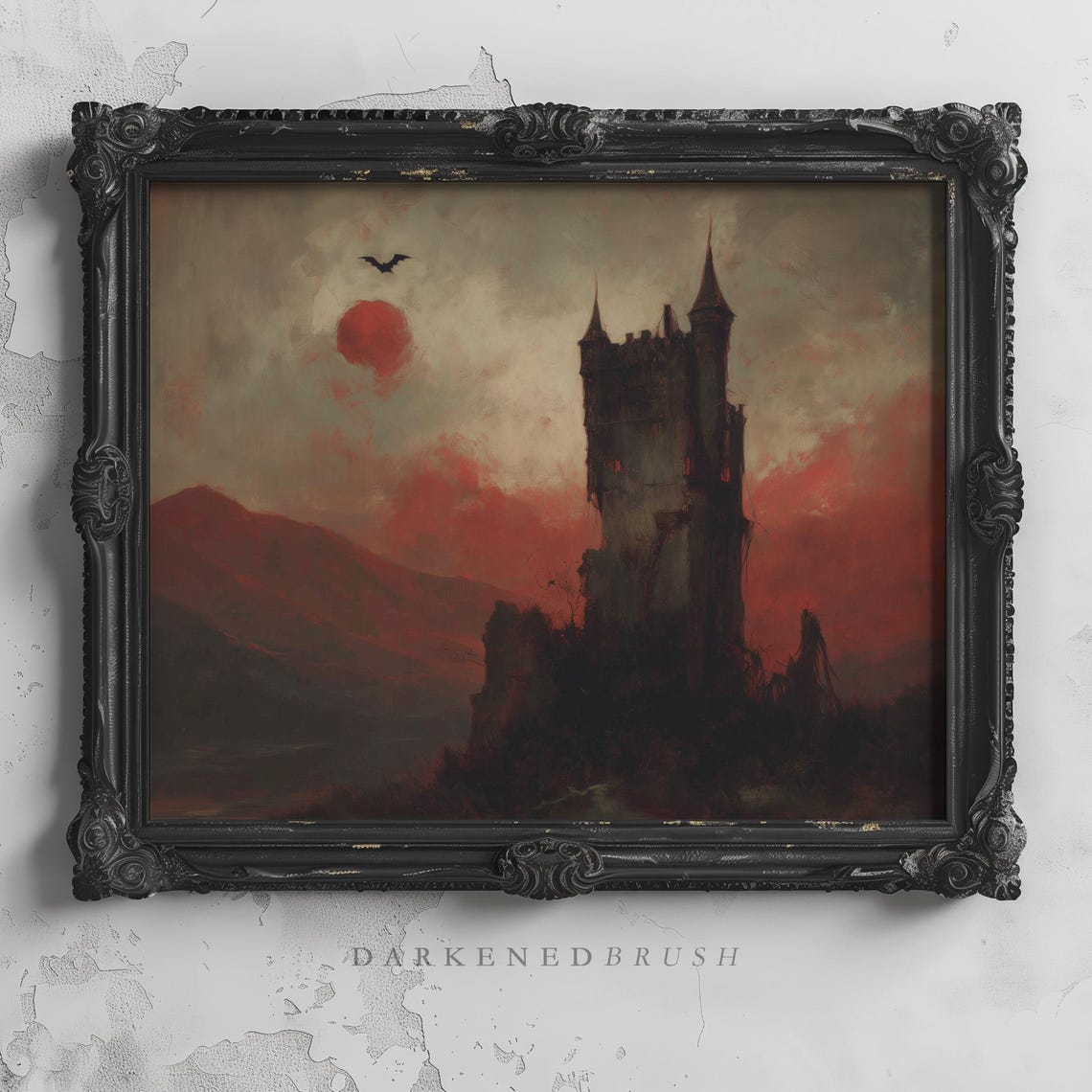 Gothic Castle Blood Red Moon Vintage Halloween Haunted Bat Night Print