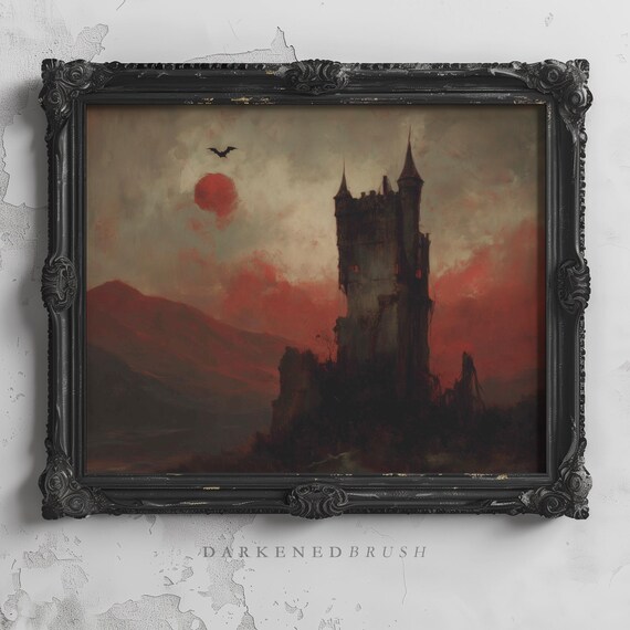 Gothic Castle Under Blood Red Moon Vintage Halloween Haunted Wall Art Dark Academia Fall Autumn Spooky Fantasy Landscape 88