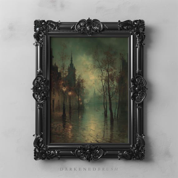 Misty Gothic City With Flooded River Reflections Moody Urban Street Wall Art Dark Academia Fall Autumn Decor Vintage 144