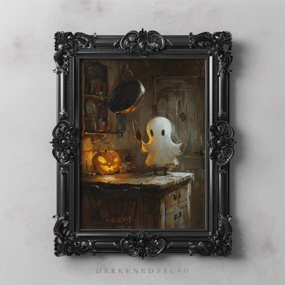 Cute Carving Jackolantern Pumpkin Whimsical Halloween Art Spooky Vintage Kitchen Decor Dark Academia