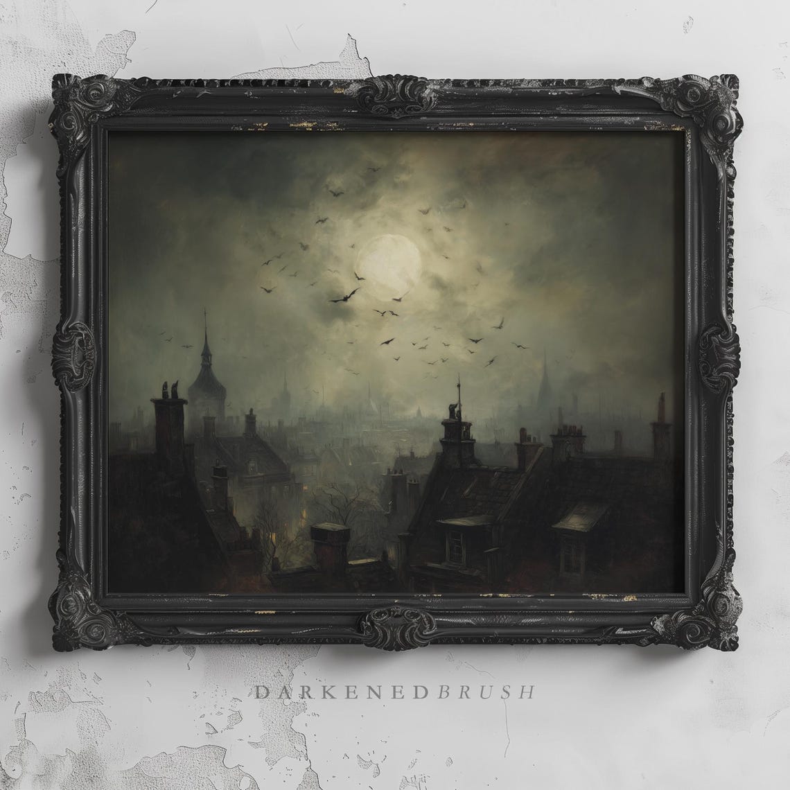 City Rooftops Beneath Full Moon Fog Birds Gothic Urban Night Poster