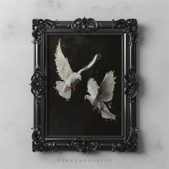 White Doves Art Peace Dark Wild Bird Wall Painting Animal Decor Black And Minimalist