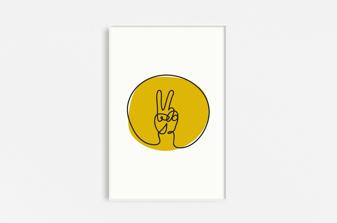 Peace Sign Continuous Line Drawing Mustard Modern Boho Poster