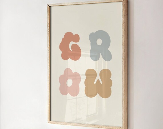 Grow Floral Letter Retro Nursery Boho Girls Quote Wall Poster