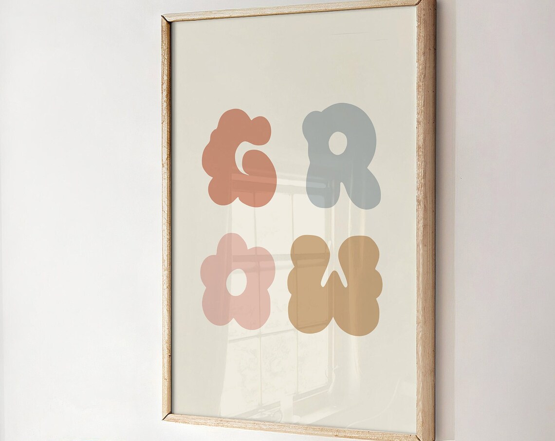Grow Floral Letter Retro Nursery Boho Girls Quote Wall Poster