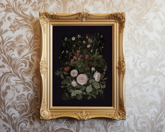 Dark Botanical Roses and Strawberries on Black Moody Art Print