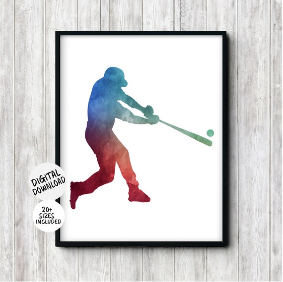 Baseball Player Silhouette Boy Room Nursery Office Decor Teen Boy Sport Wall Art Baseball Batter Gift Red Blue Green