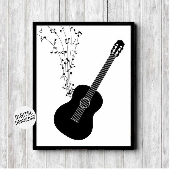 Black Acoustic Guitar Music Notes Art Print