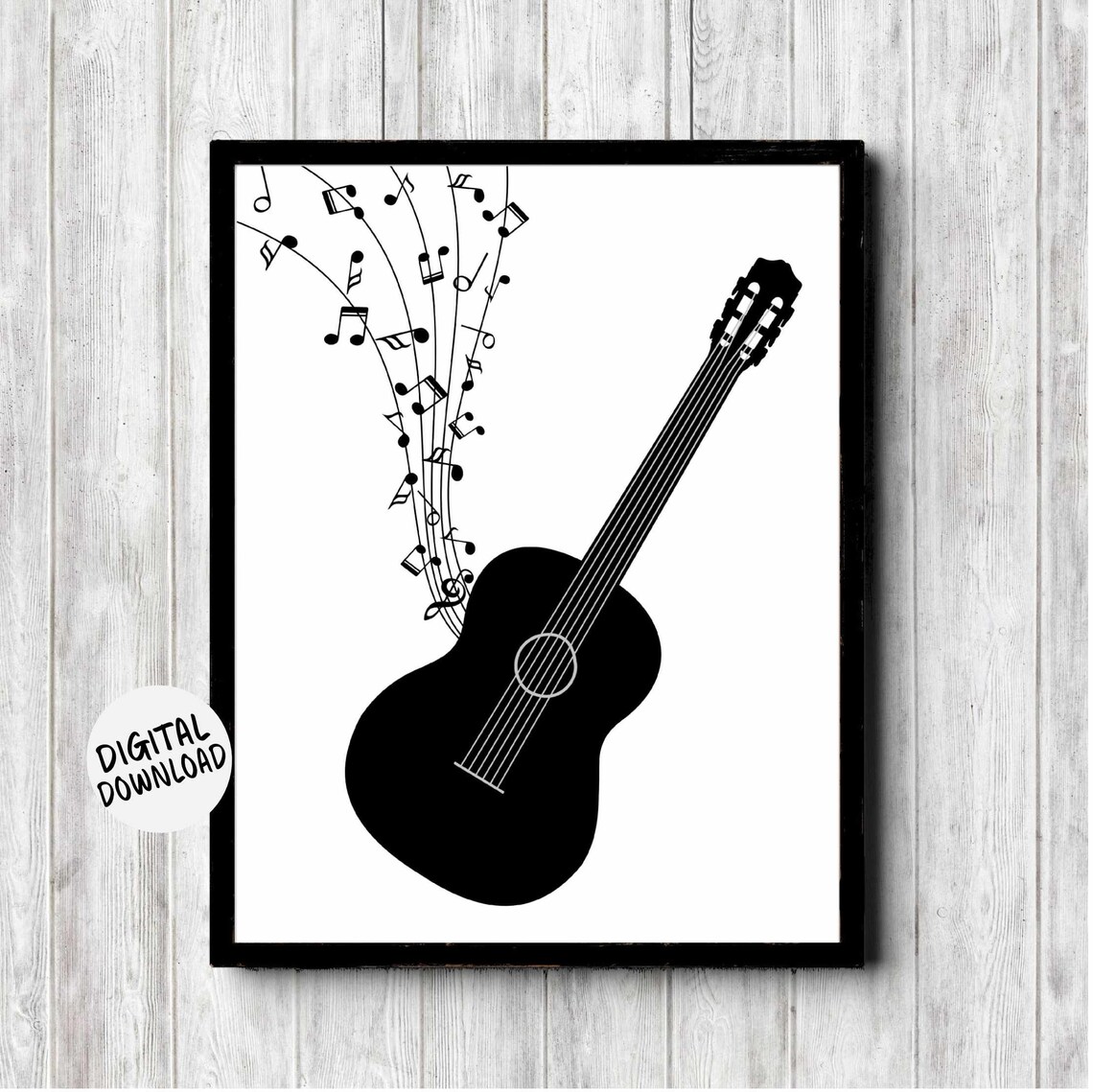 Black Acoustic Guitar Music Notes Art Print
