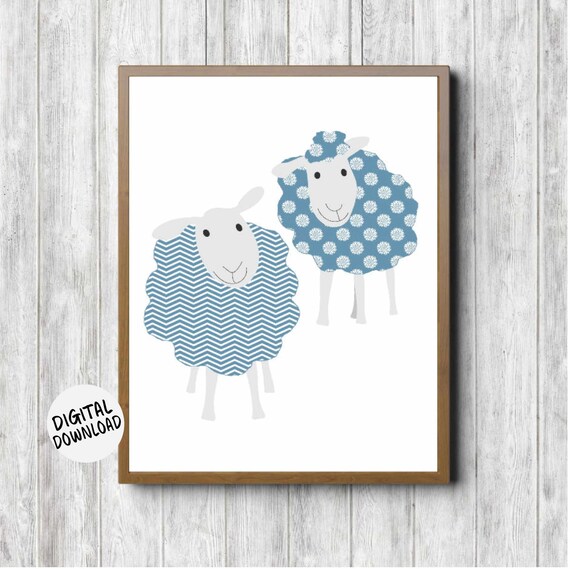 Cute Blue Sheep Boy Or Girl Nursery Wall Art Whimsical Farm Animal Print Instant