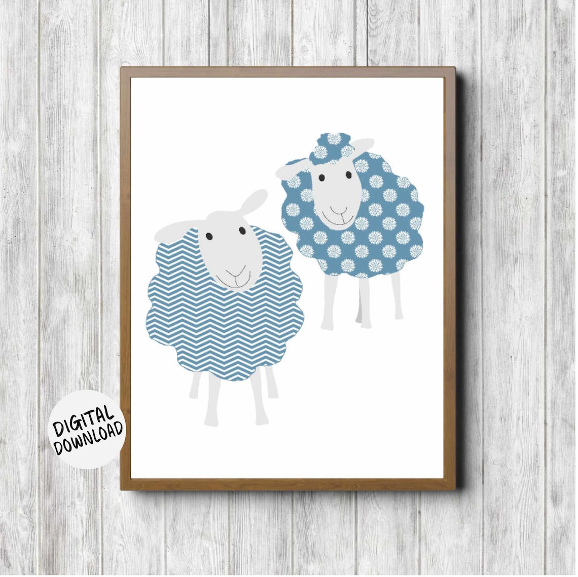 Cute Blue Cartoon Sheep Pair Whimsical Farm Kids Nursery Poster