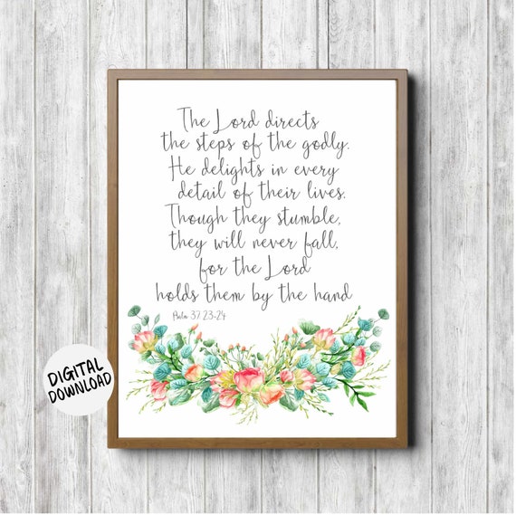 Psalm 37 V 23 24 Scripture Wall Decor Gift For Women Watercolor Roses Bouquet Bible Verse Print Christian Wall Art