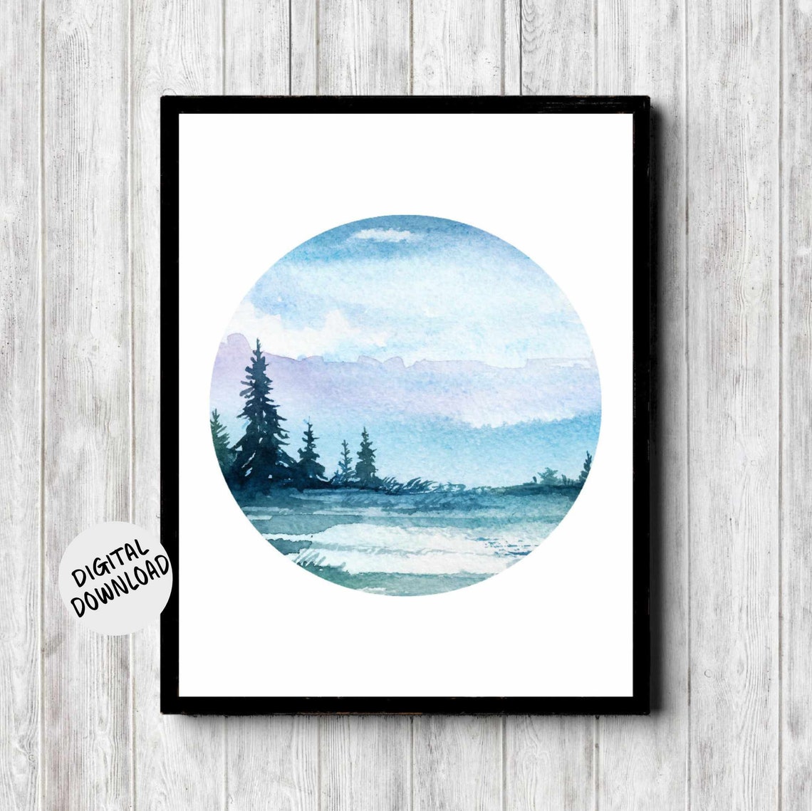 Watercolor Landscape With Trees Office Nursery Bathroom Wall Art Nature Decor Circle Art
